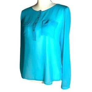 Bebe Y2K Baby Blue Long Sleeve Pockets Flowy Sheer Career Blue Blouse Size S‎ P